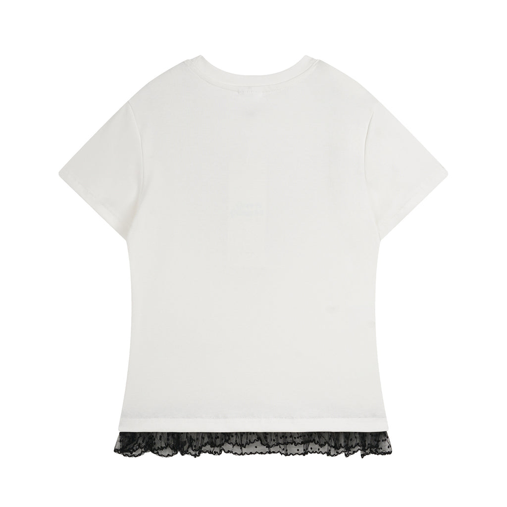 Short Sleeve T-Shirt for Women with Lace Trim Hem, Color-Blocked Edge