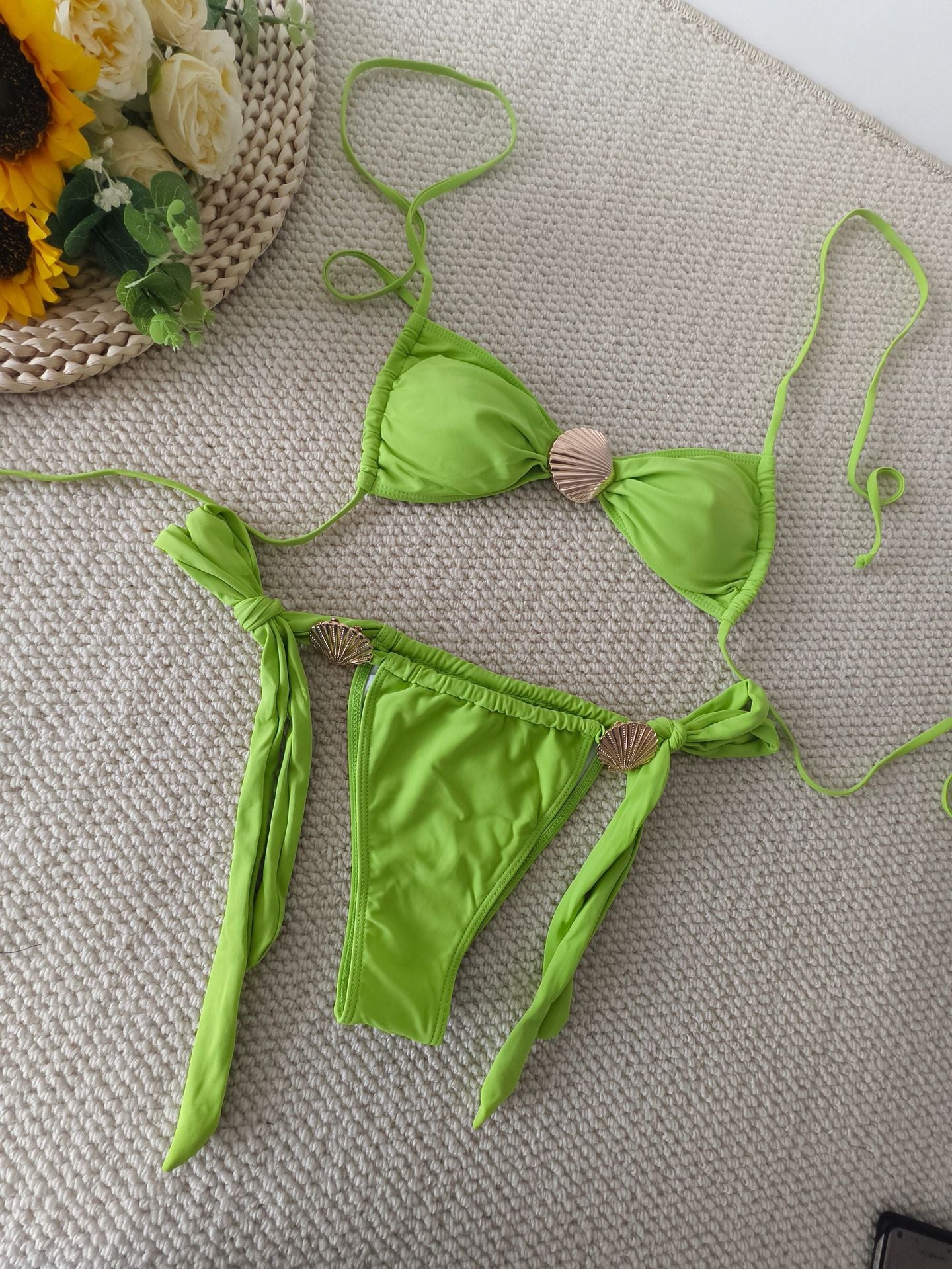 Shell metal buckle triangle cup bikini