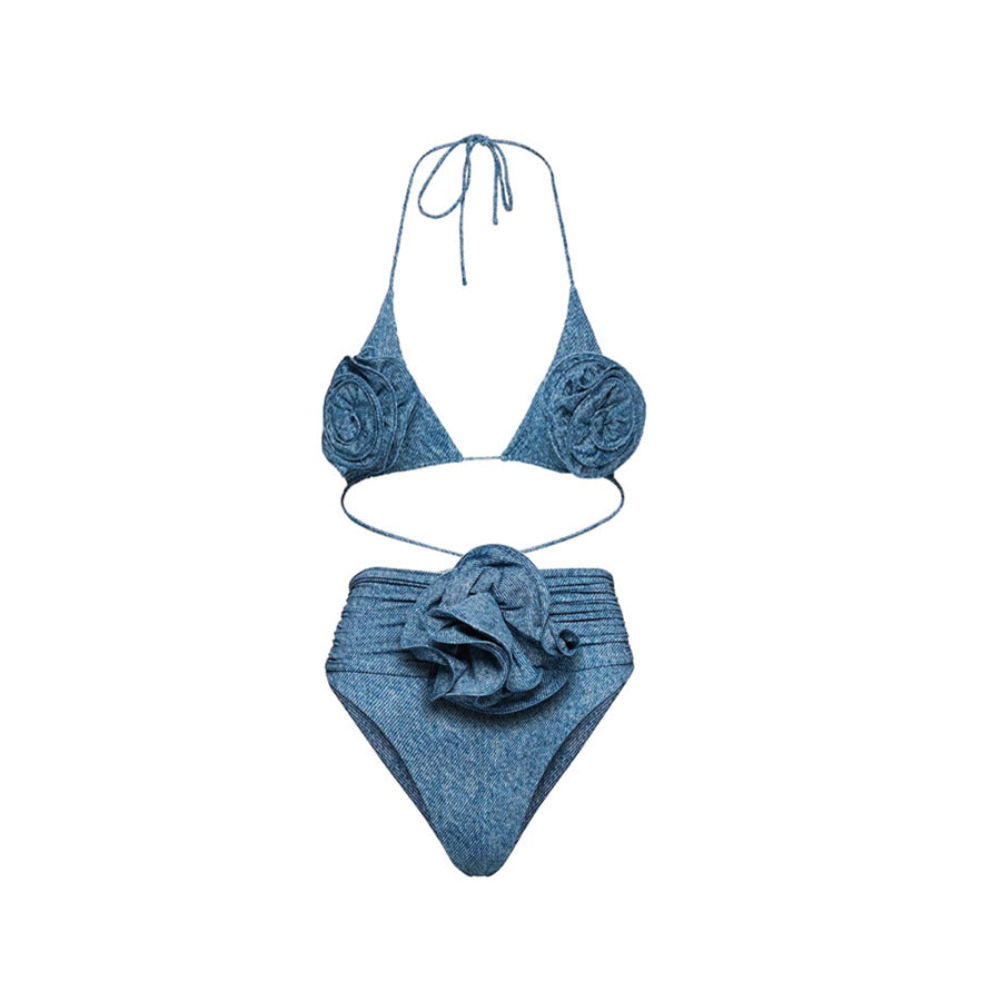 One-Shoulder Hollow-Out Soft Denim One-Piece Swimsuit with Flower Decoration for Women