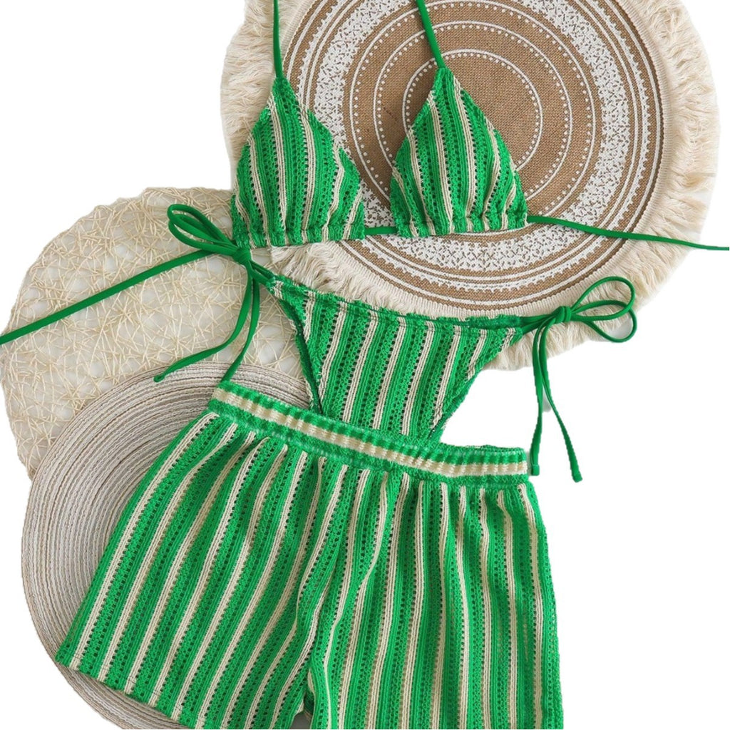 Striped neck hanging bikini swimsuit for women