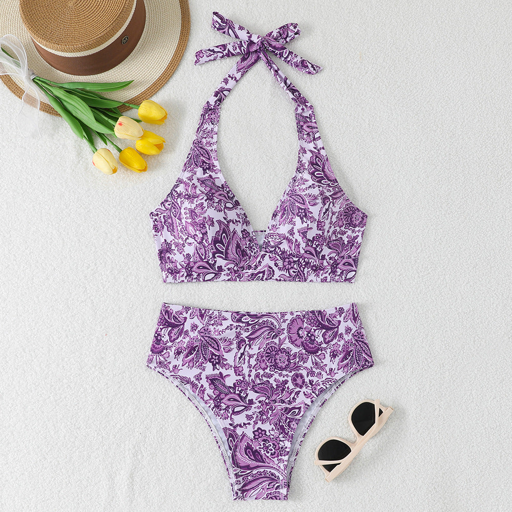 Split floral triangle strap multicolor bikini