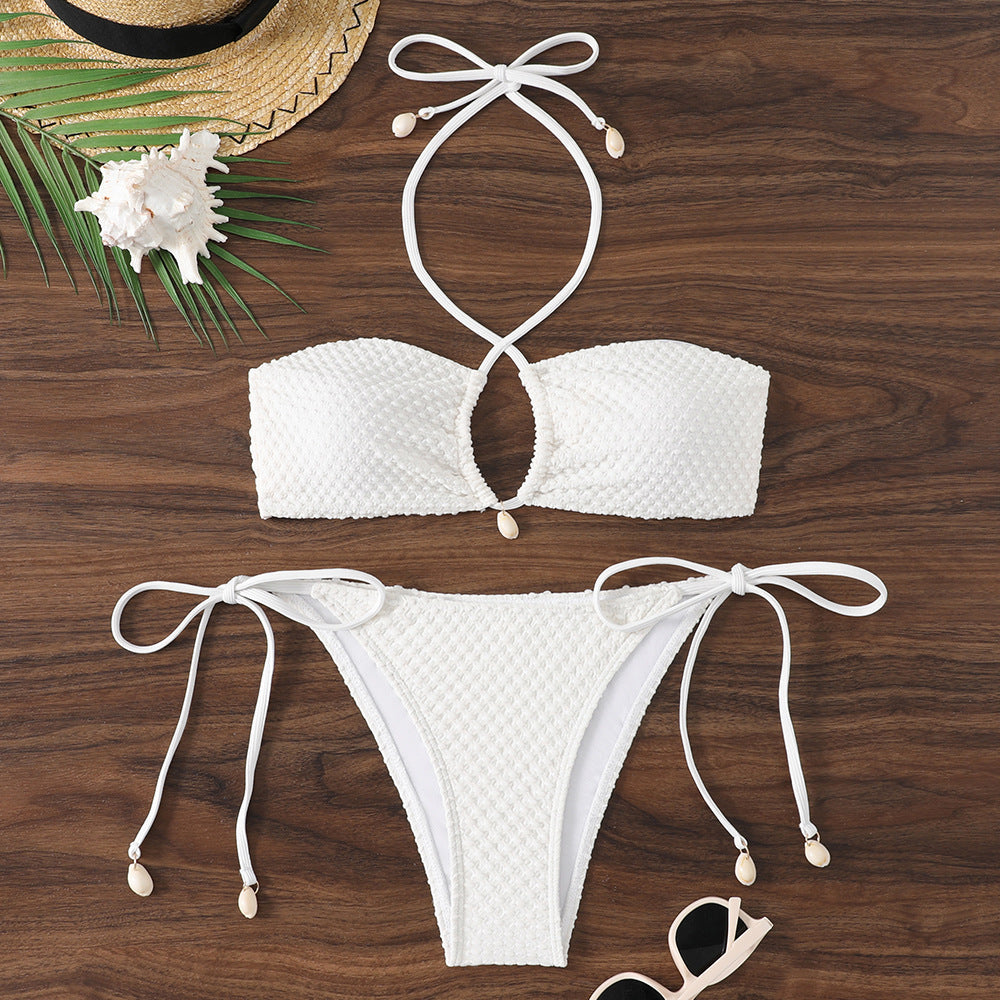 Gather solid color bikini three-point style