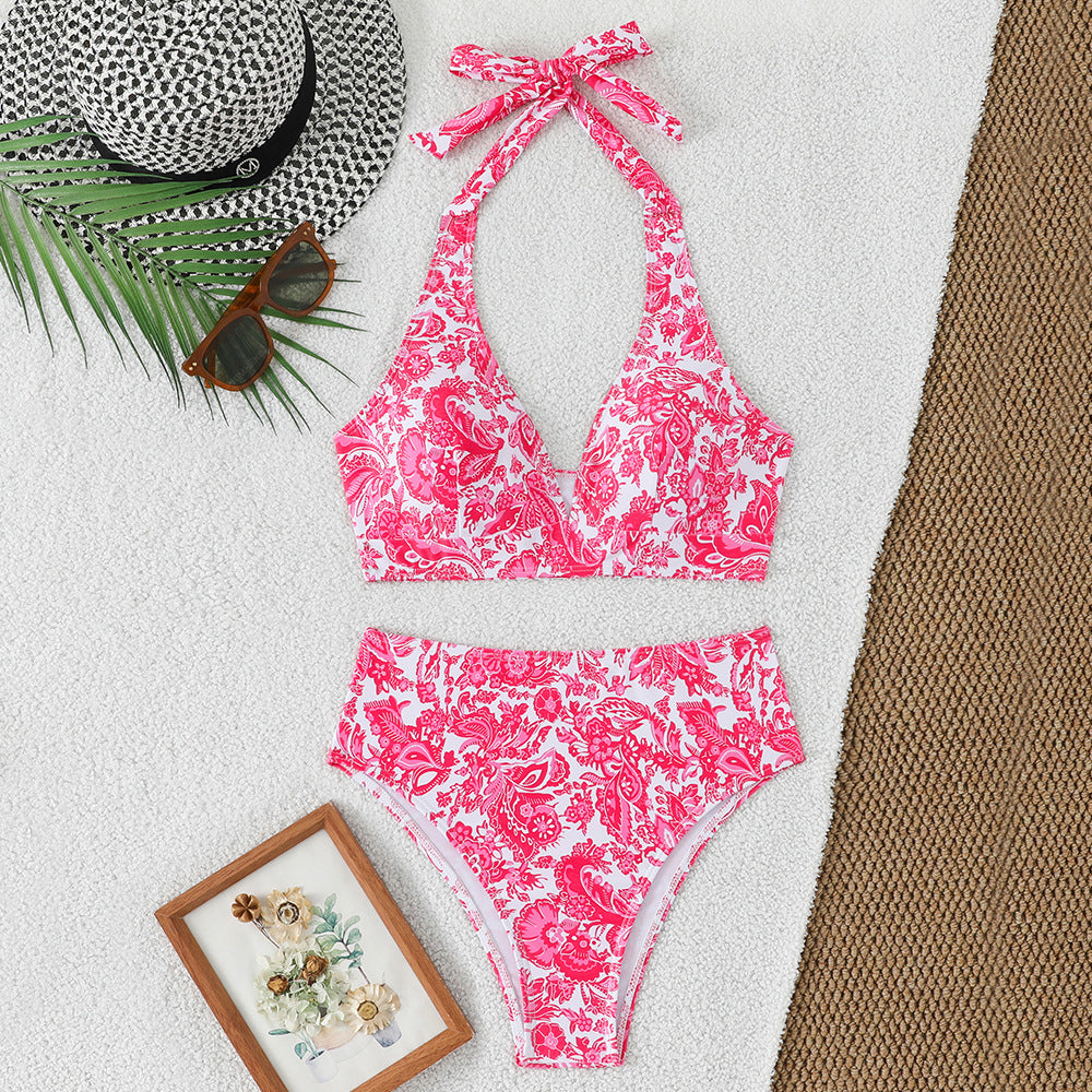 Split floral triangle strap multicolor bikini