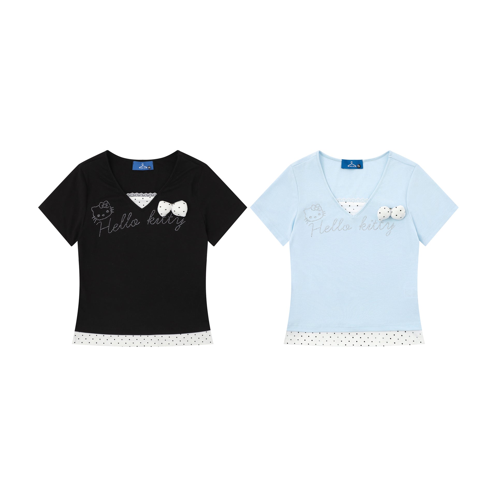 Rhinestone Polka Dot False Two-Piece T-Shirt with Lace Trim Bow Sweet Girl Style Short Sleeve