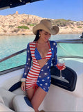 Flag Print Three-Piece Swimsuit with Mesh Tie-Up Cover-Up Long Dress, Vacation Swimwear