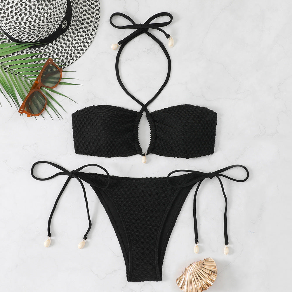Gather solid color bikini three-point style