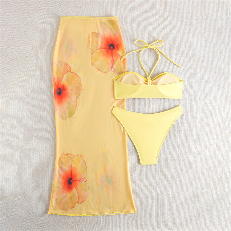 Printed split bikini three piece set