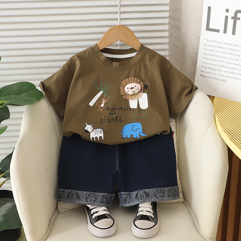 Cartoon animal pattern short sleeved top and shorts set