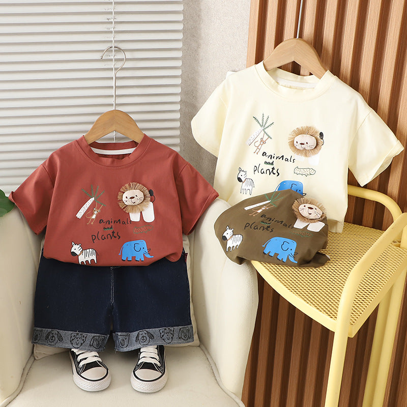 Cartoon animal pattern short sleeved top and shorts set
