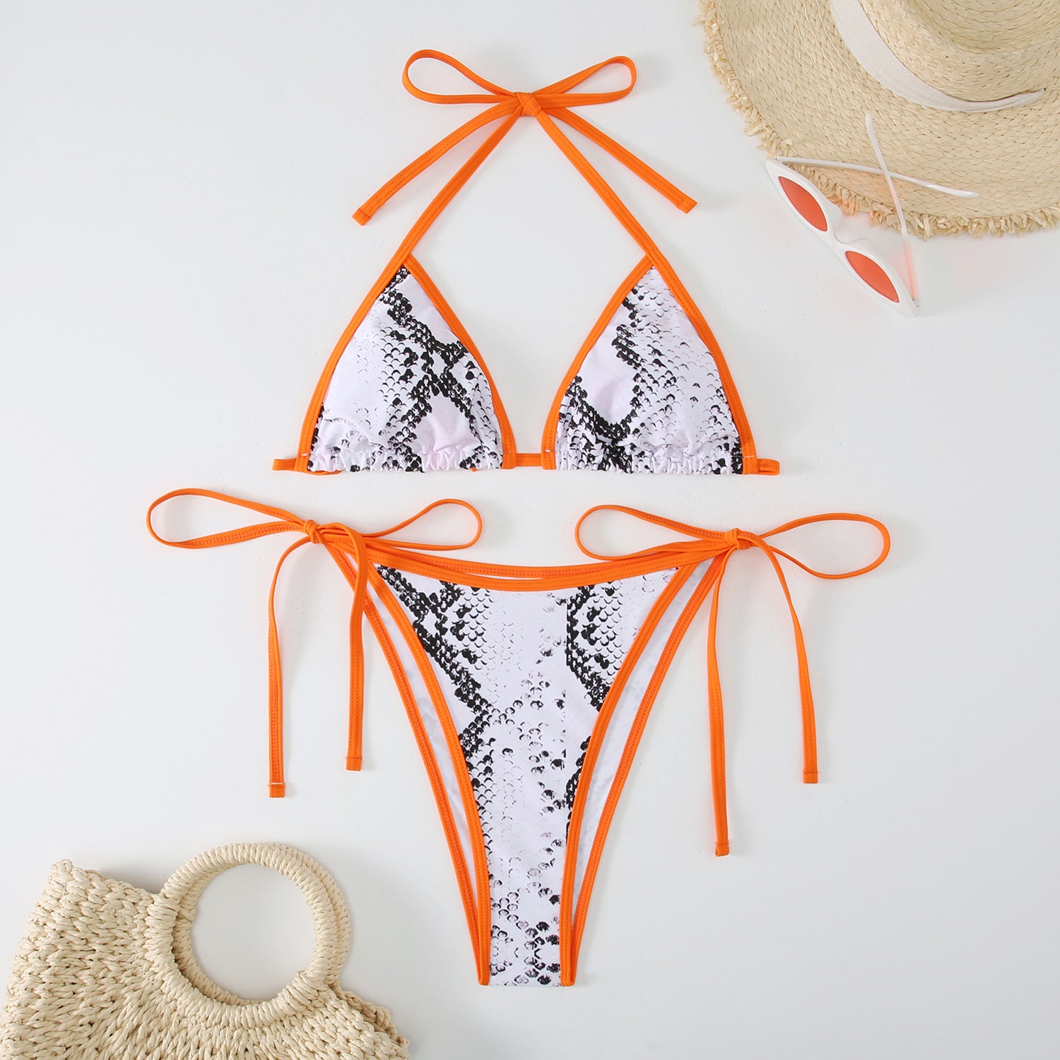Split triangle bikini with lace up print swimsuit