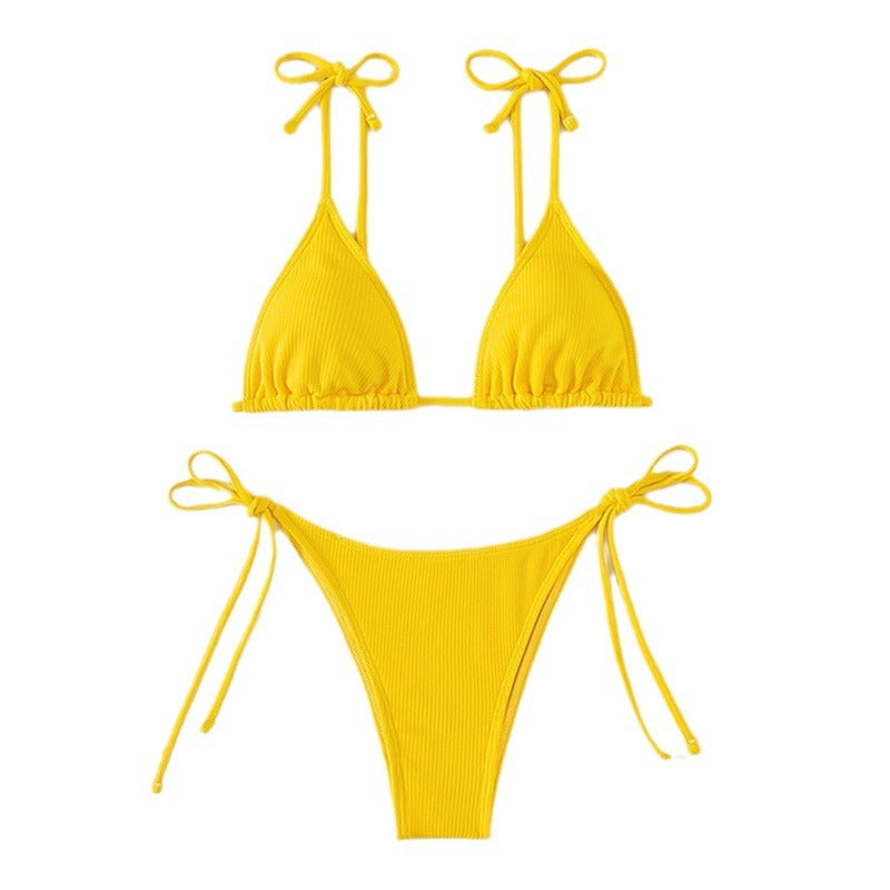 Solid color lace up three-point bikini