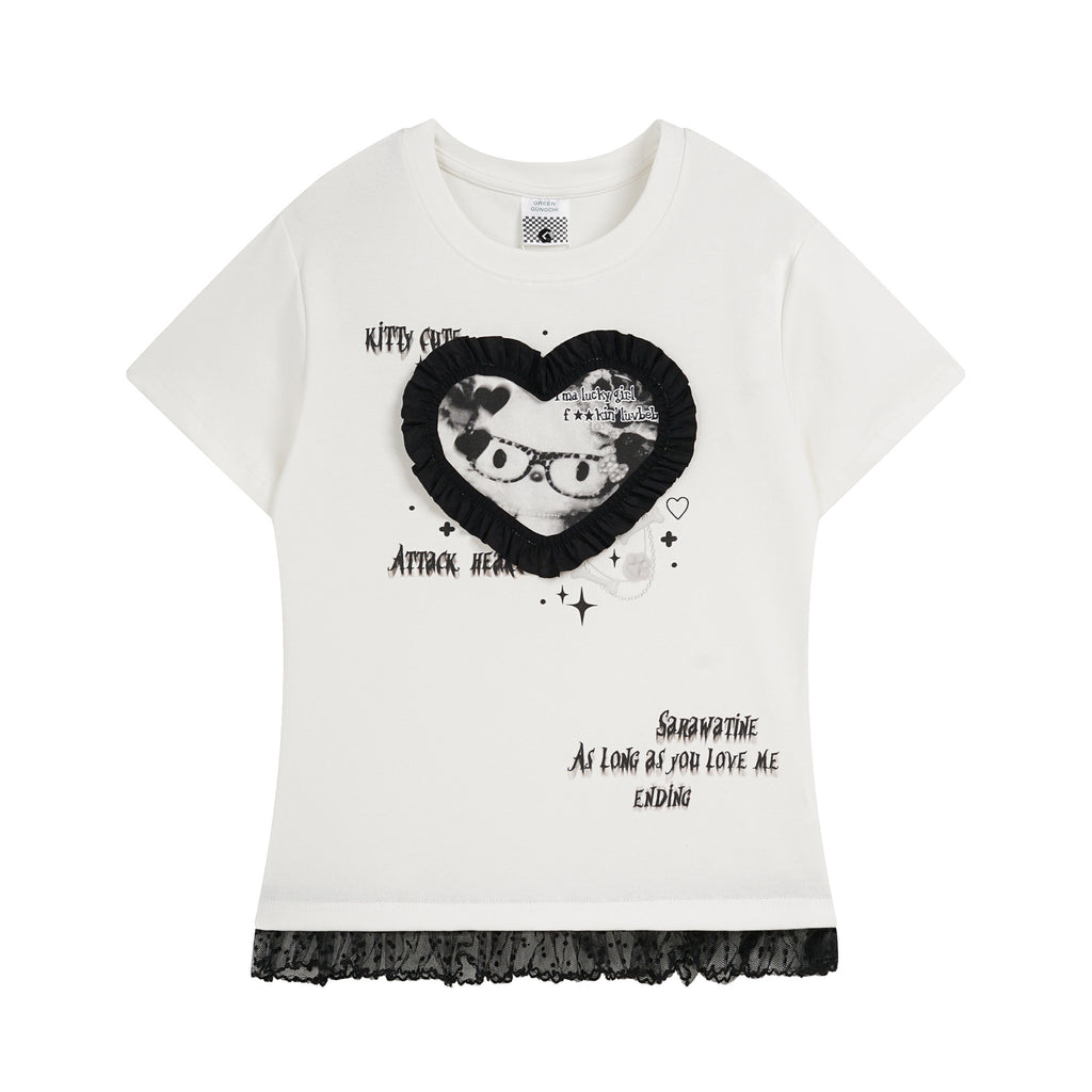 Short Sleeve T-Shirt for Women with Lace Trim Hem, Color-Blocked Edge
