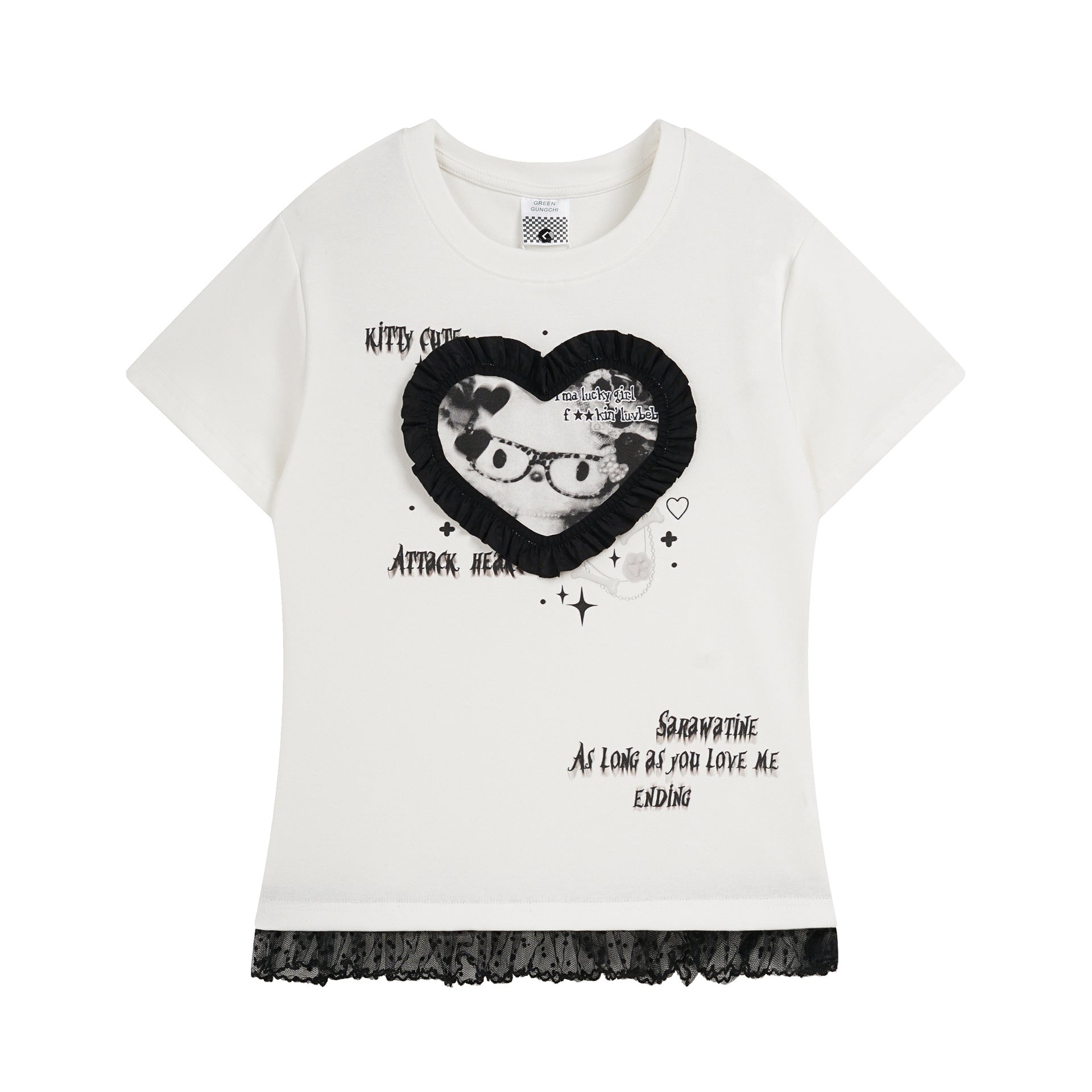 Short Sleeve T-Shirt for Women with Lace Trim Hem, Color-Blocked Edge