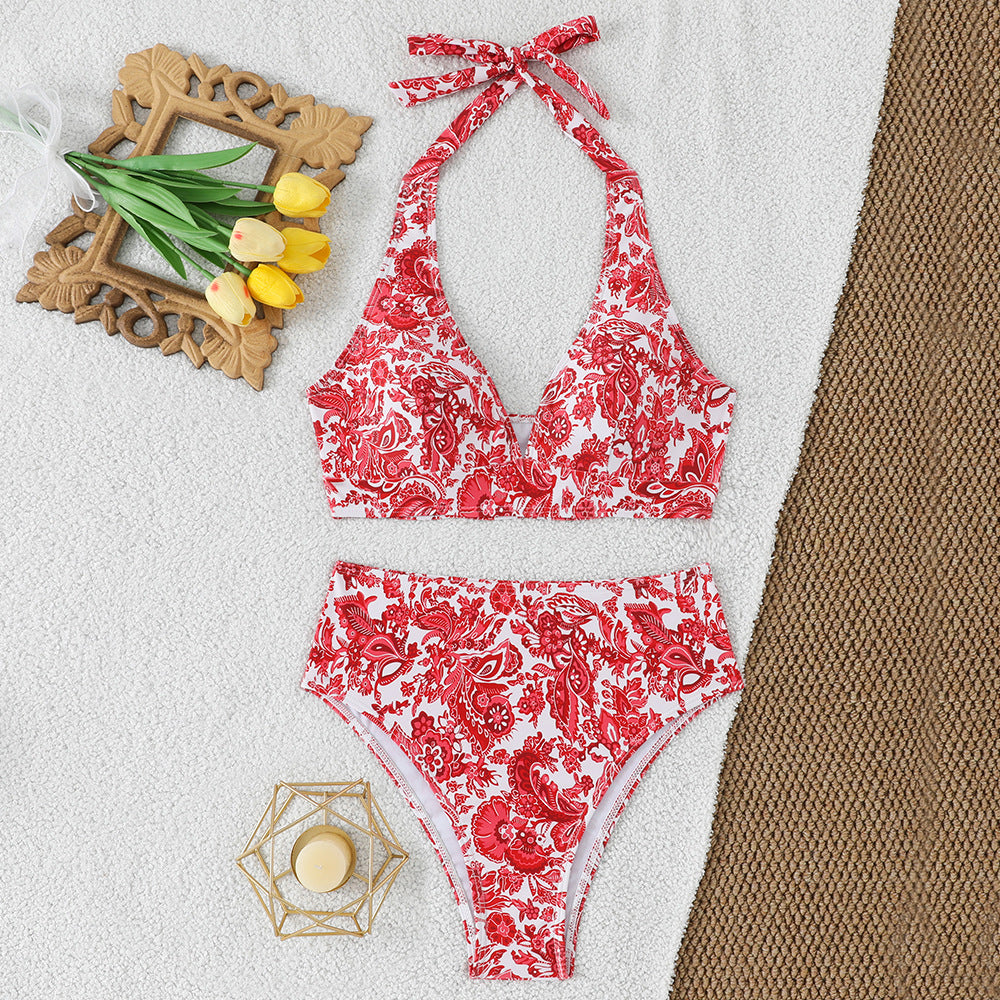 Split floral triangle strap multicolor bikini