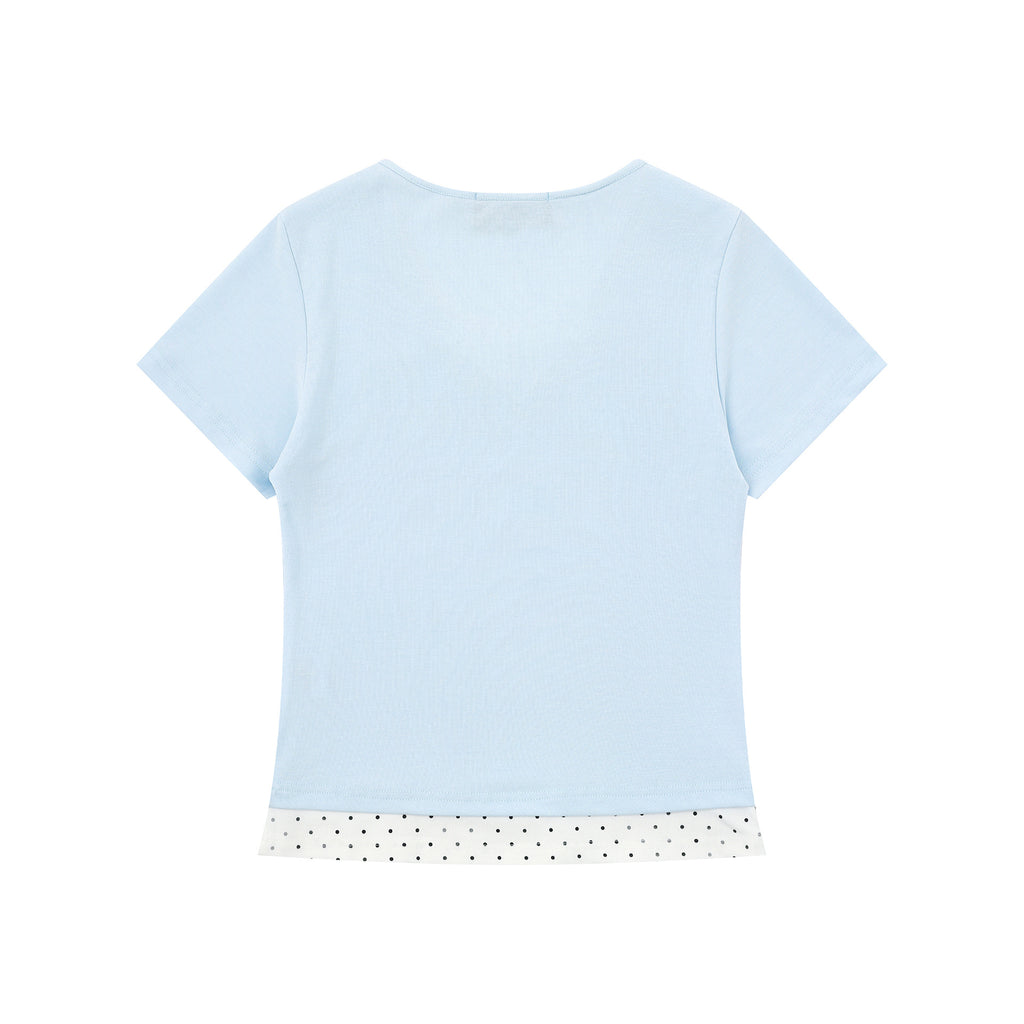 Rhinestone Polka Dot False Two-Piece T-Shirt with Lace Trim Bow Sweet Girl Style Short Sleeve