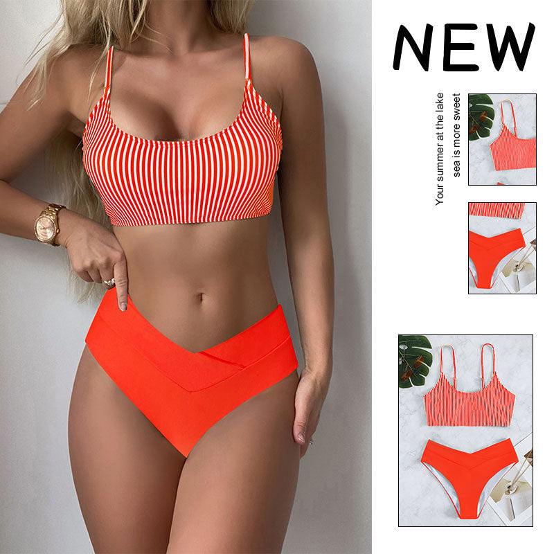 Striped Conservative High-Waisted Bikini Swimwear