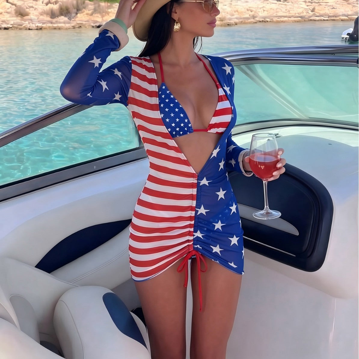 Flag Print Three-Piece Swimsuit with Mesh Tie-Up Cover-Up Long Dress, Vacation Swimwear
