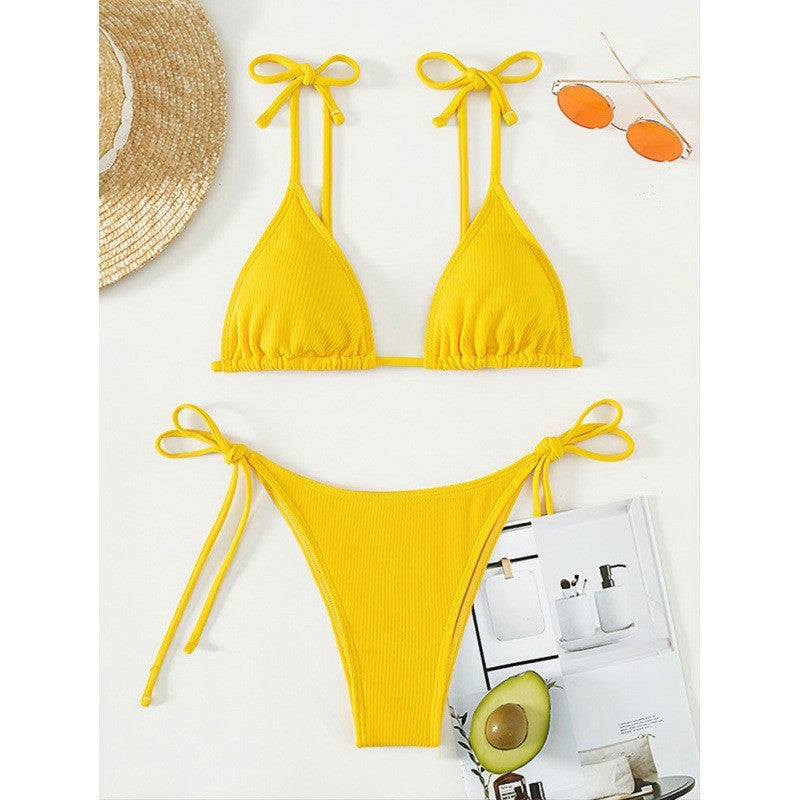 Solid color lace up three-point bikini