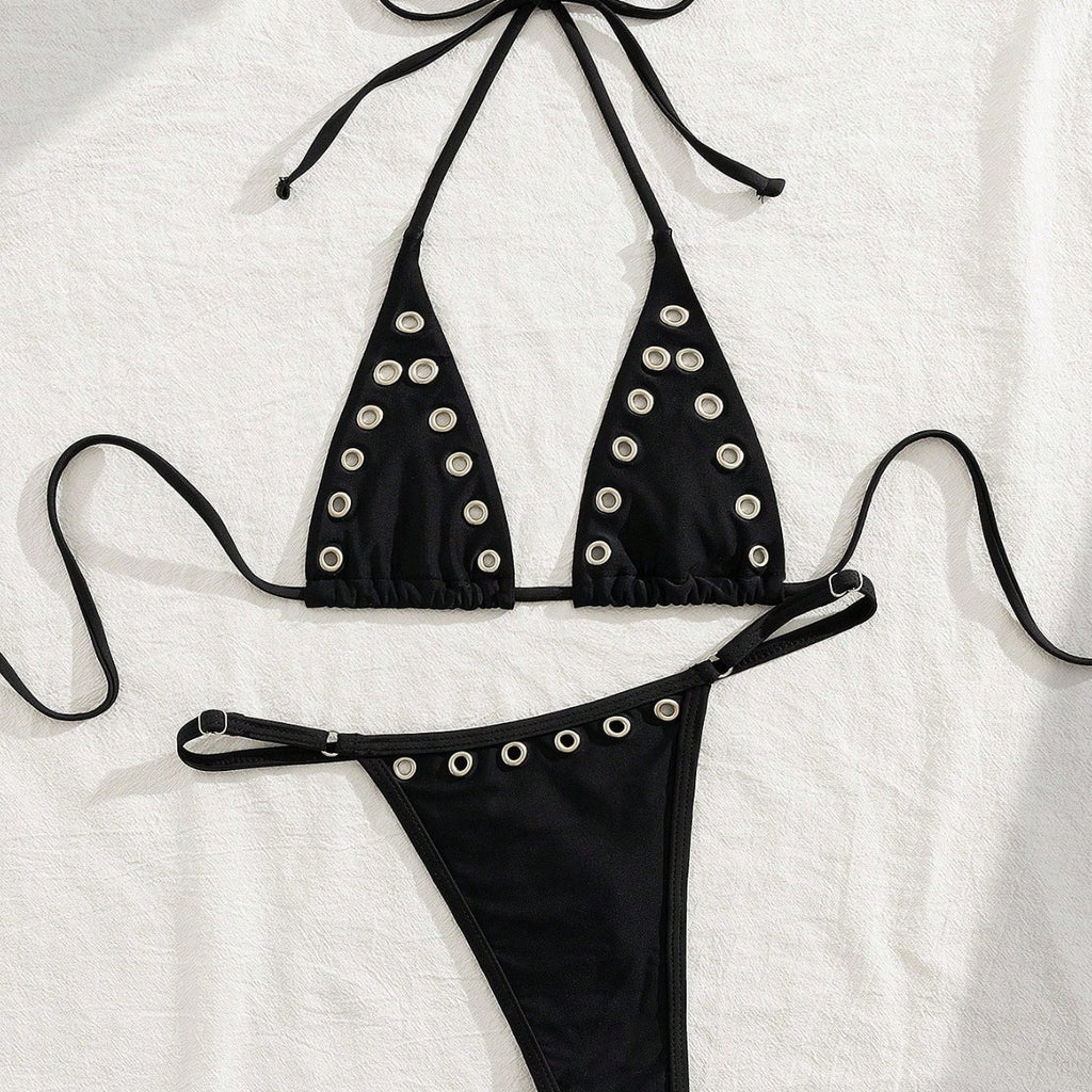 Black neck hanging triangle cup bikini set