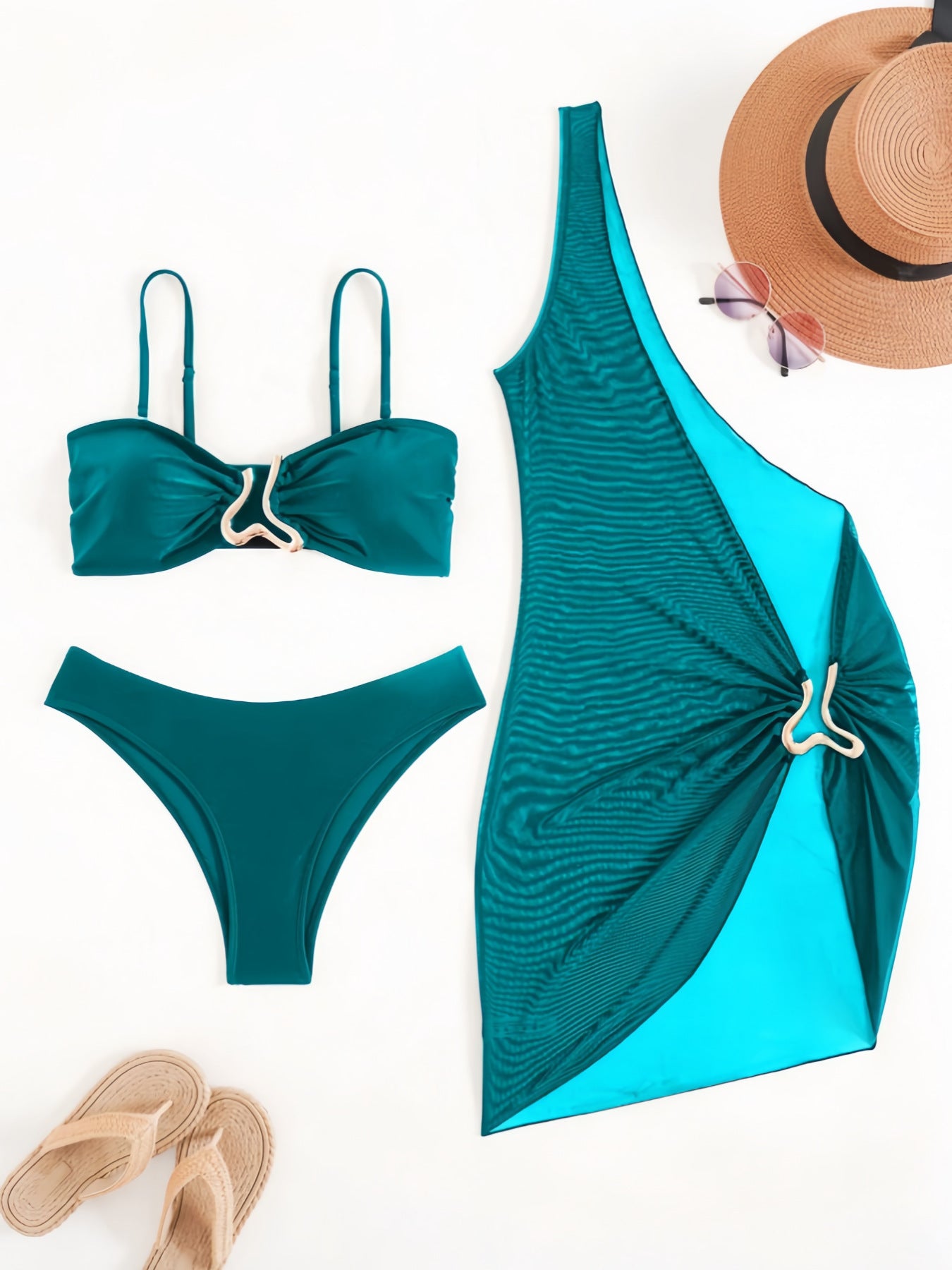 Solid color three piece split bikini set