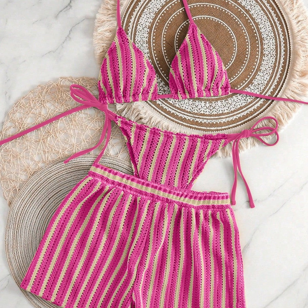 Striped neck hanging bikini swimsuit for women
