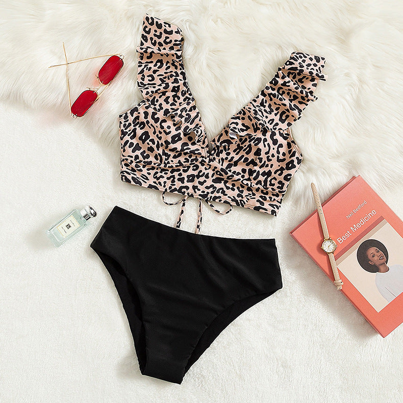 Leopard Print Ruffle Edge Bikini Swimwear for Women