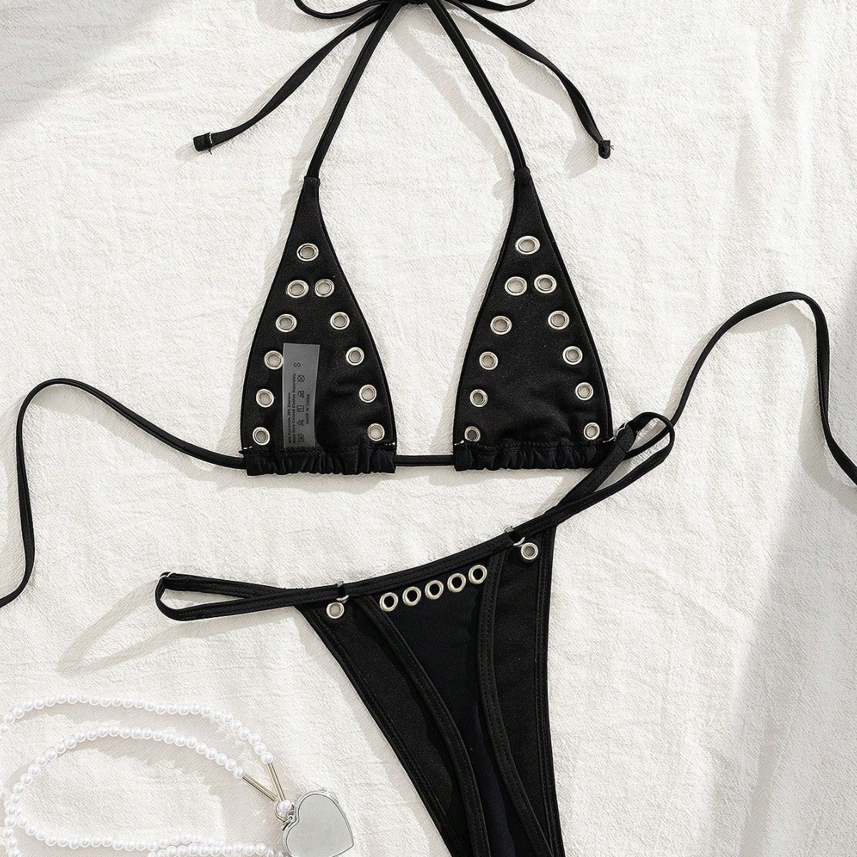 Black neck hanging triangle cup bikini set