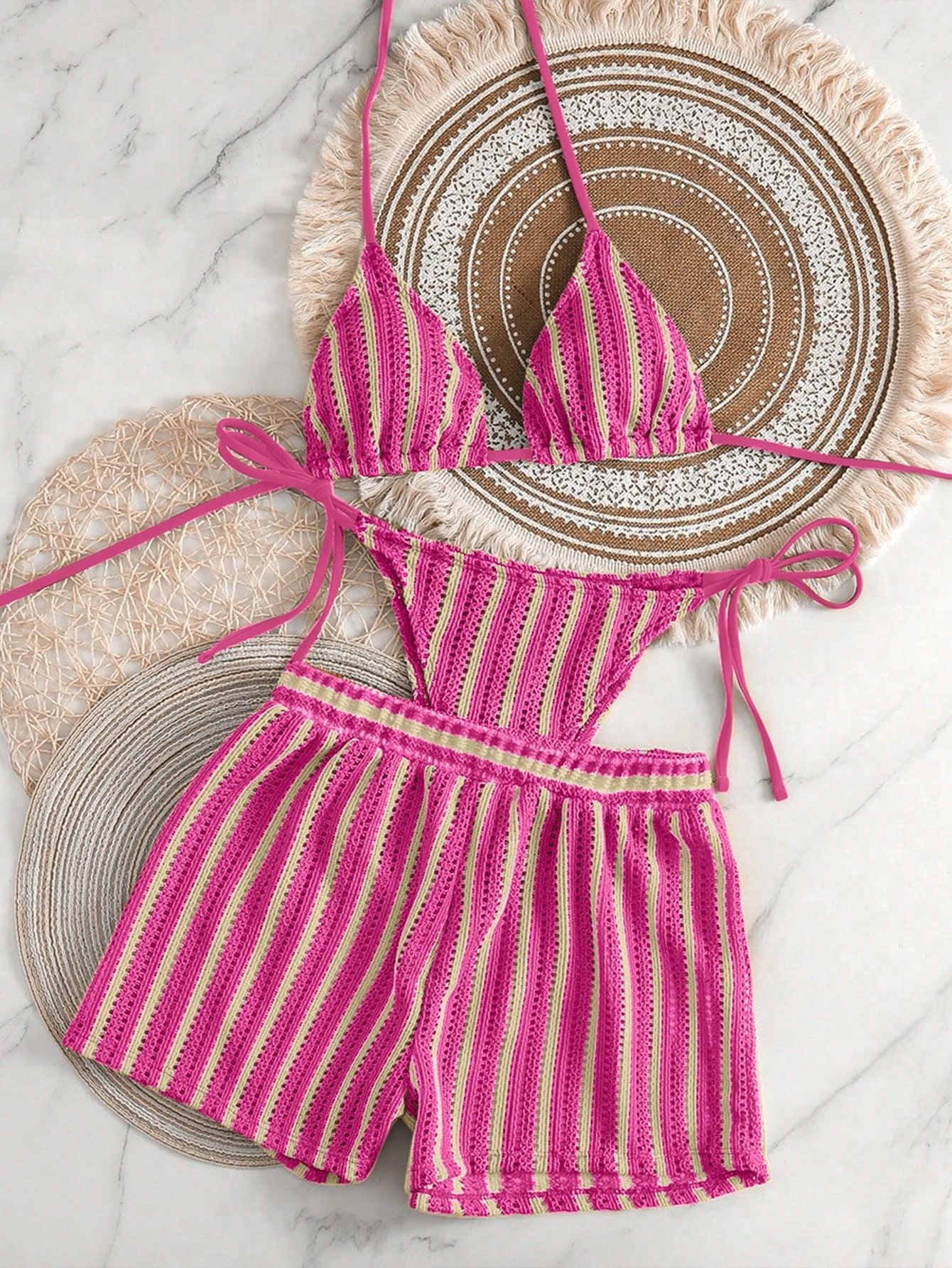 Striped neck hanging bikini swimsuit for women