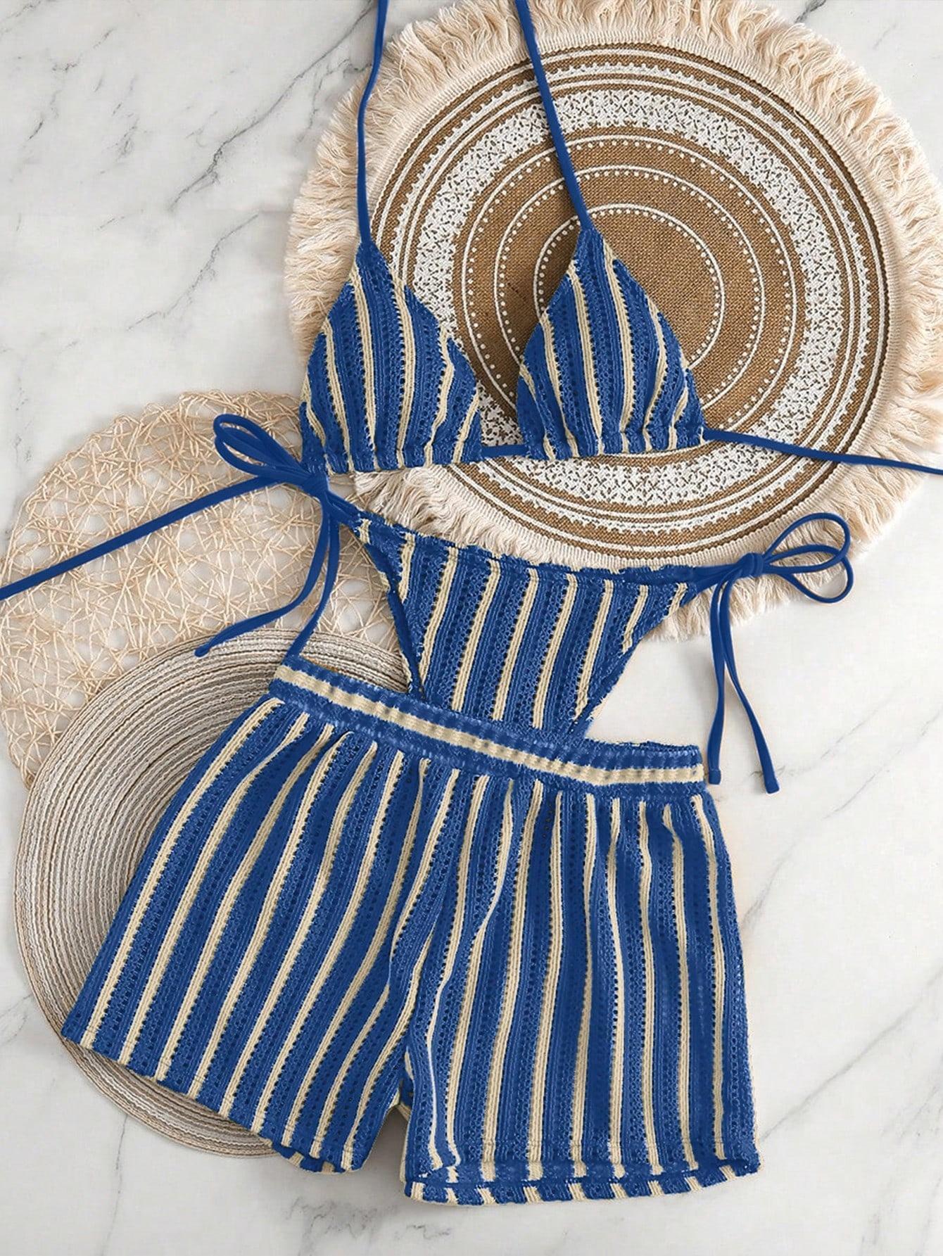 Striped neck hanging bikini swimsuit for women
