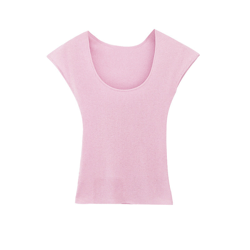 Soft Style U-Neck Elegant Ribbed Knit Short Sleeve Innerwear Top