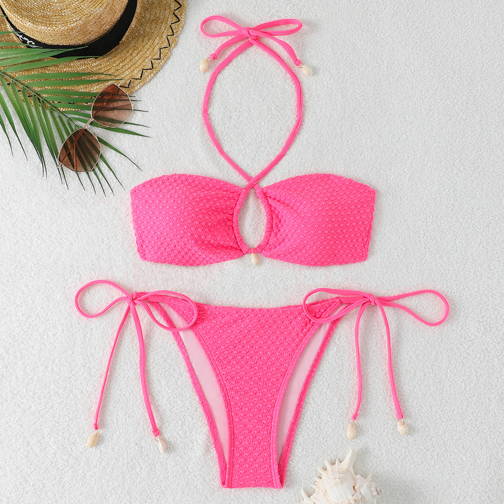 Gather solid color bikini three-point style