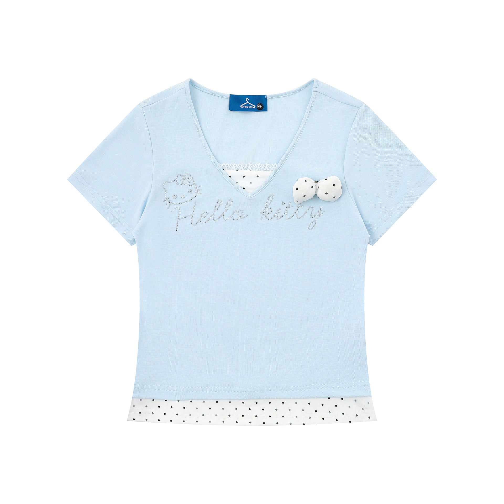 Rhinestone Polka Dot False Two-Piece T-Shirt with Lace Trim Bow Sweet Girl Style Short Sleeve