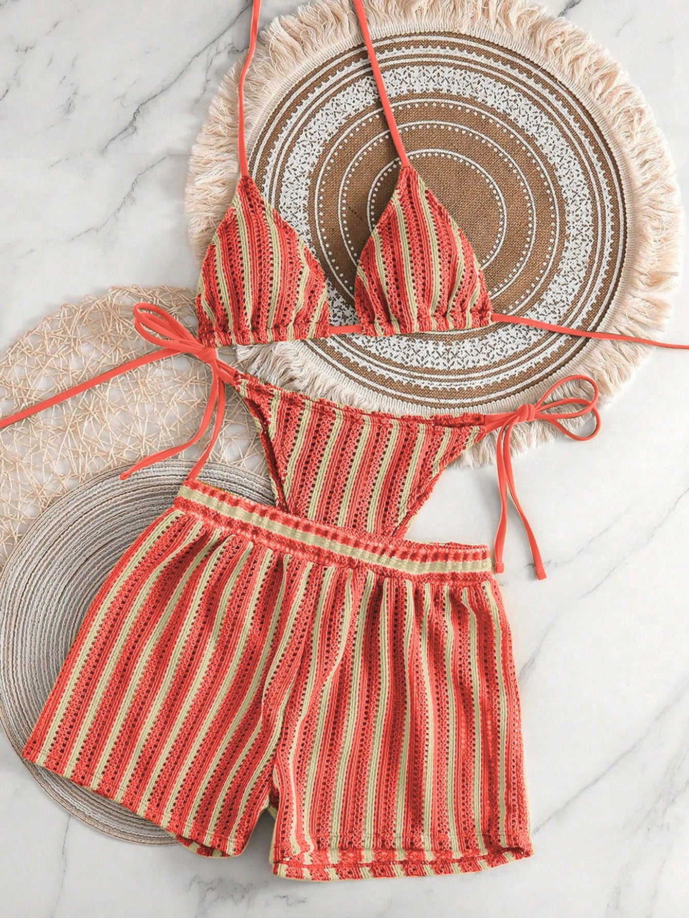 Striped neck hanging bikini swimsuit for women