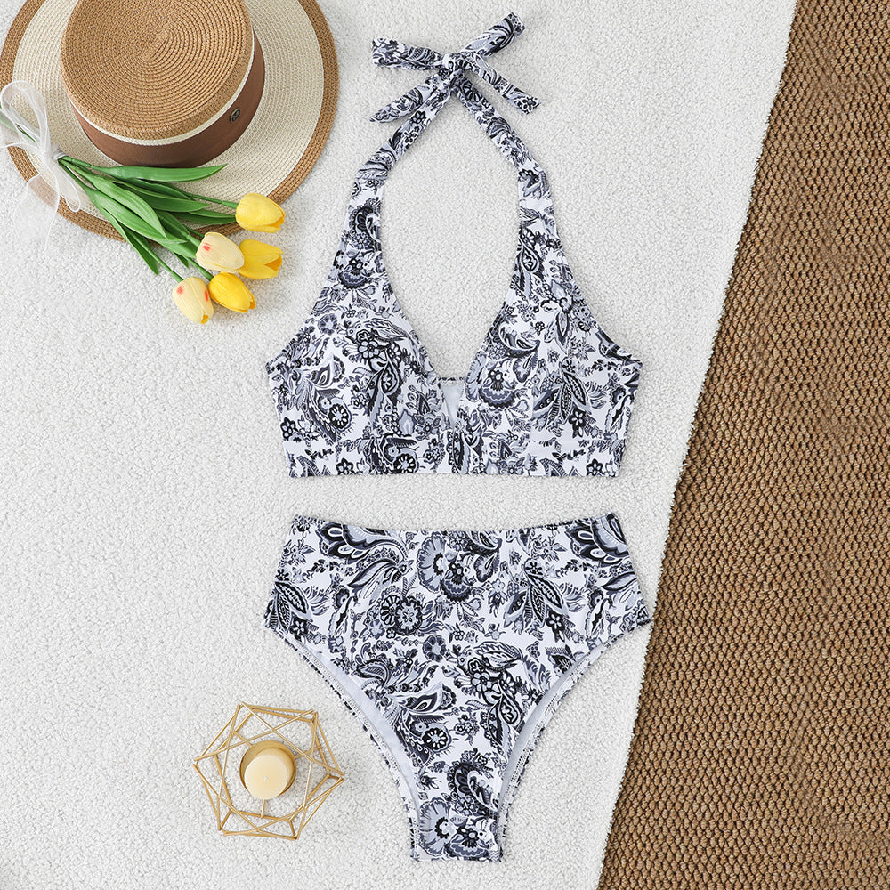Split floral triangle strap multicolor bikini