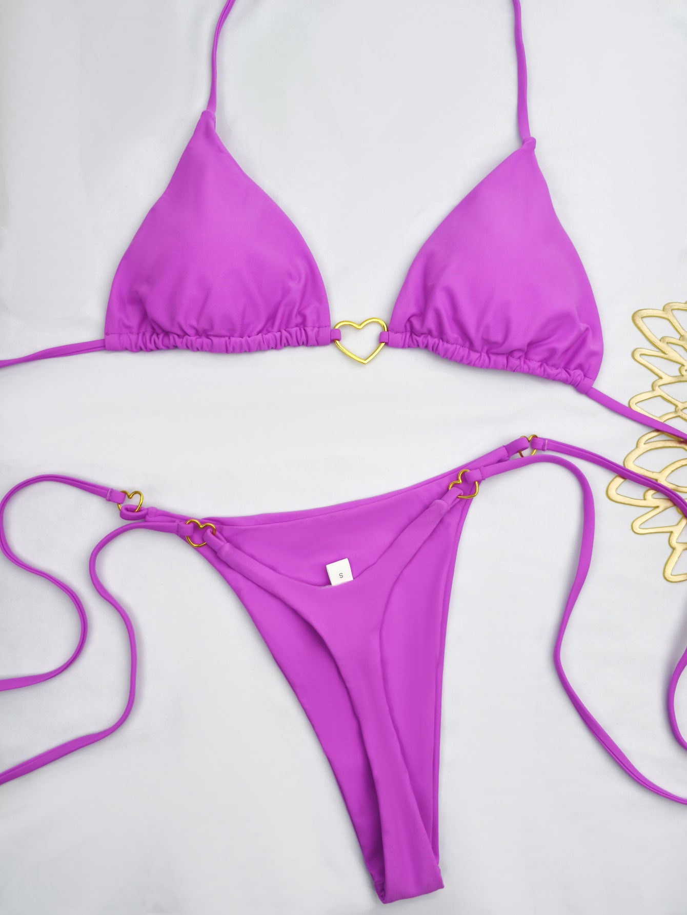 Heart shaped metal buckle triangle cup bikini