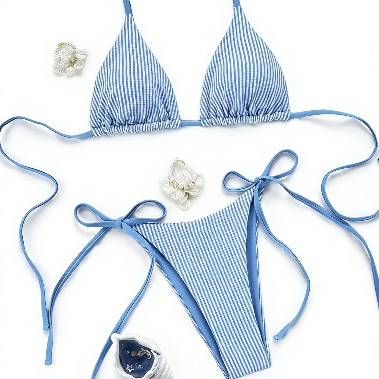Blue and white striped split bikini neck tie swimsuit