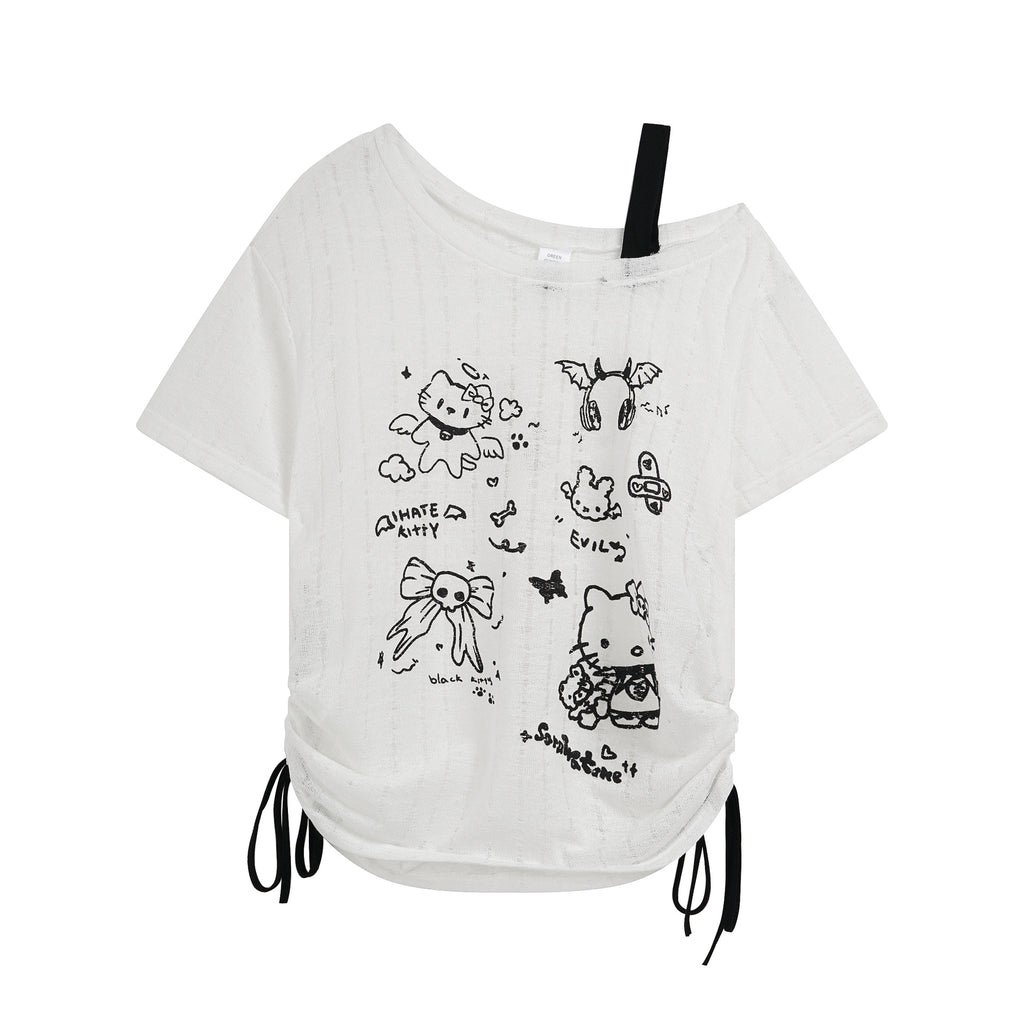 Cartoon Kitty Print T-Shirt with Contrast Shoulder Straps, Fitted Slim Fit Short Sleeve