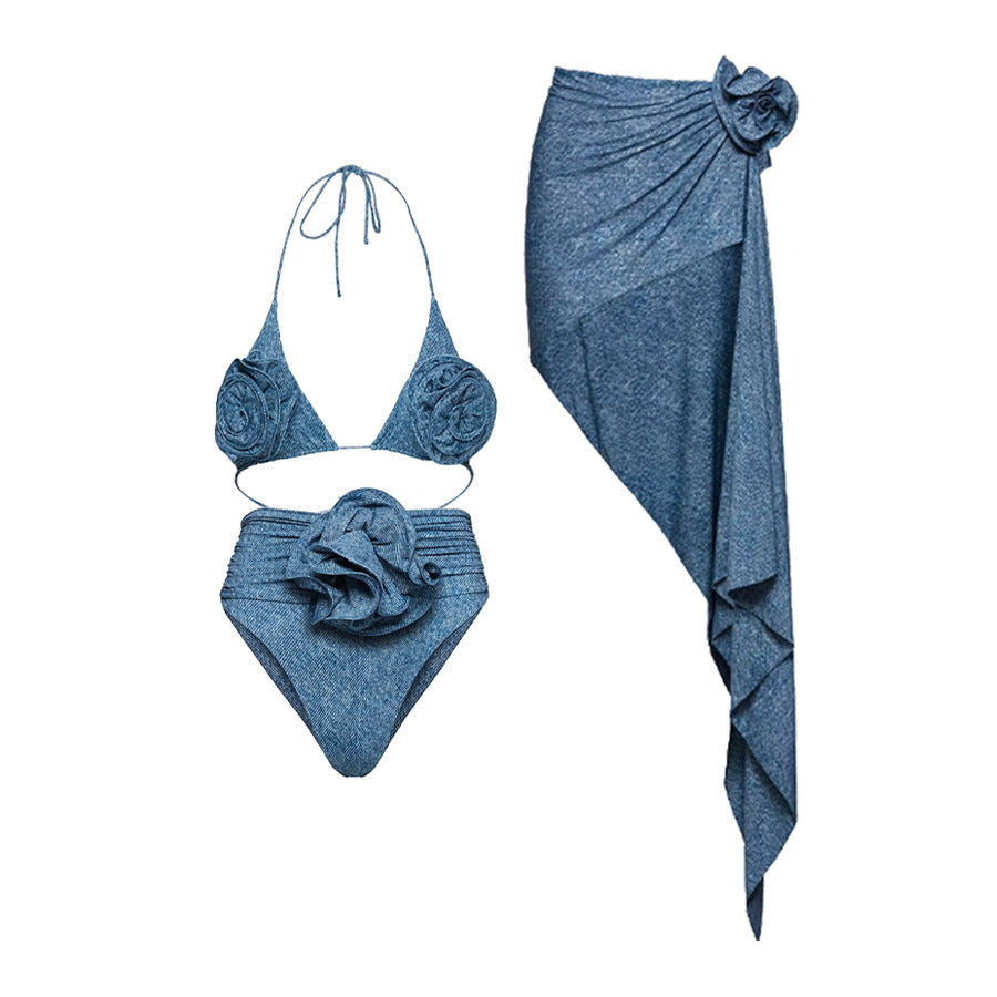 Flower Decorated Halter Tie-Up Two-Piece Swimsuit Women High-Waisted Bikini